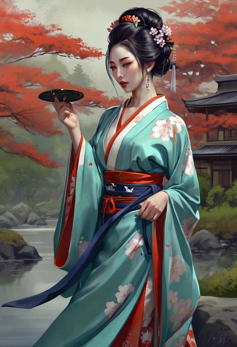 Необходимо создать concept-арт гейши для MMORPG, centered on a Japanese setting. A geisha should inspire grace, sophistication and mystery, typical of Japanese culture. Picture her in a traditional kimono with details, reflecting her status and professionalism. It is important to convey her grace and expressiveness through her pose and facial expression.. digital painting, full length, concept, full length пероснаж