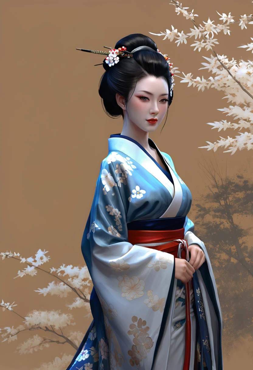 Необходимо создать concept-арт гейши для MMORPG, centered on a Japanese setting. A geisha should inspire grace, sophistication and mystery, typical of Japanese culture. Picture her in a traditional kimono with details, reflecting her status and professionalism. It is important to convey her grace and expressiveness through her pose and facial expression.. digital painting, full length, concept, full length пероснаж