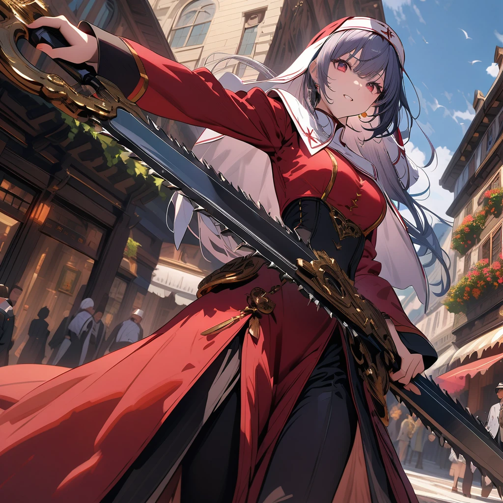 Red nun with a chainsaw fighting with researchers, detailed background, detailed depiction, 4K, UHD, absurd, ultra high quality, masterpiece,