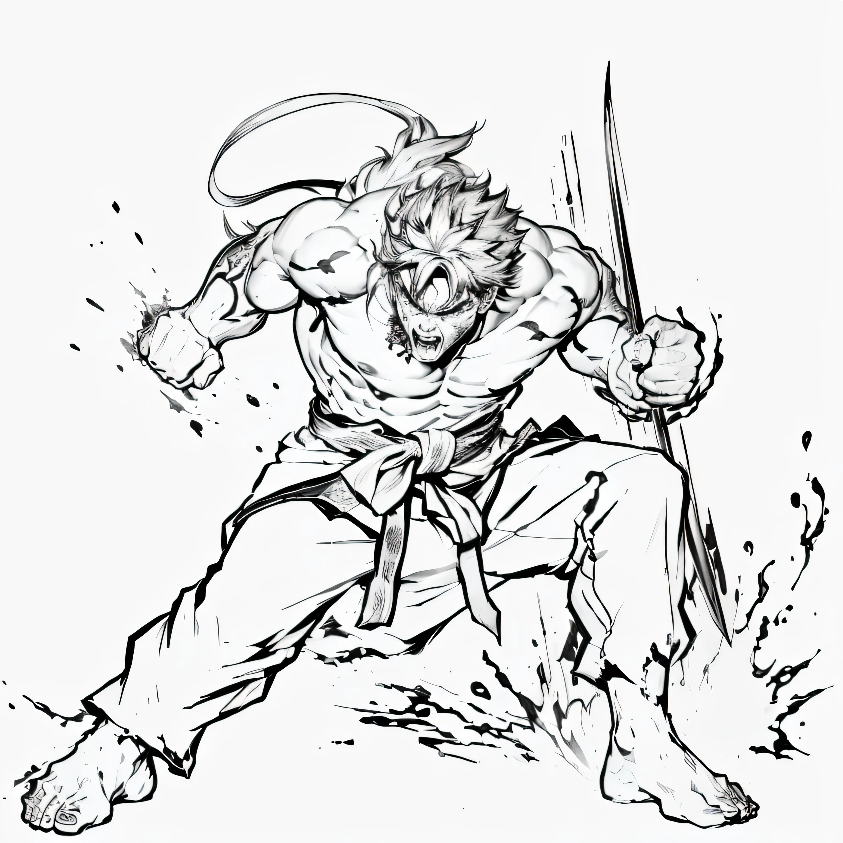 a drawing of a man in a posture of fight with a sword, Ryu do Street Fighter, intense line art, Tetsuo de Akira, sharp lineart, sf5 ink style, sf 5 ink style, in a posture of fight, bold lineart, Akira from Chinese mythology, baki style, posture of fight, perfect line art, lineart limpo, sleeved, アニメ, face detailed, tatto art, Redo dashes, small horns on the head, angry face and demonic appearance, body detailed