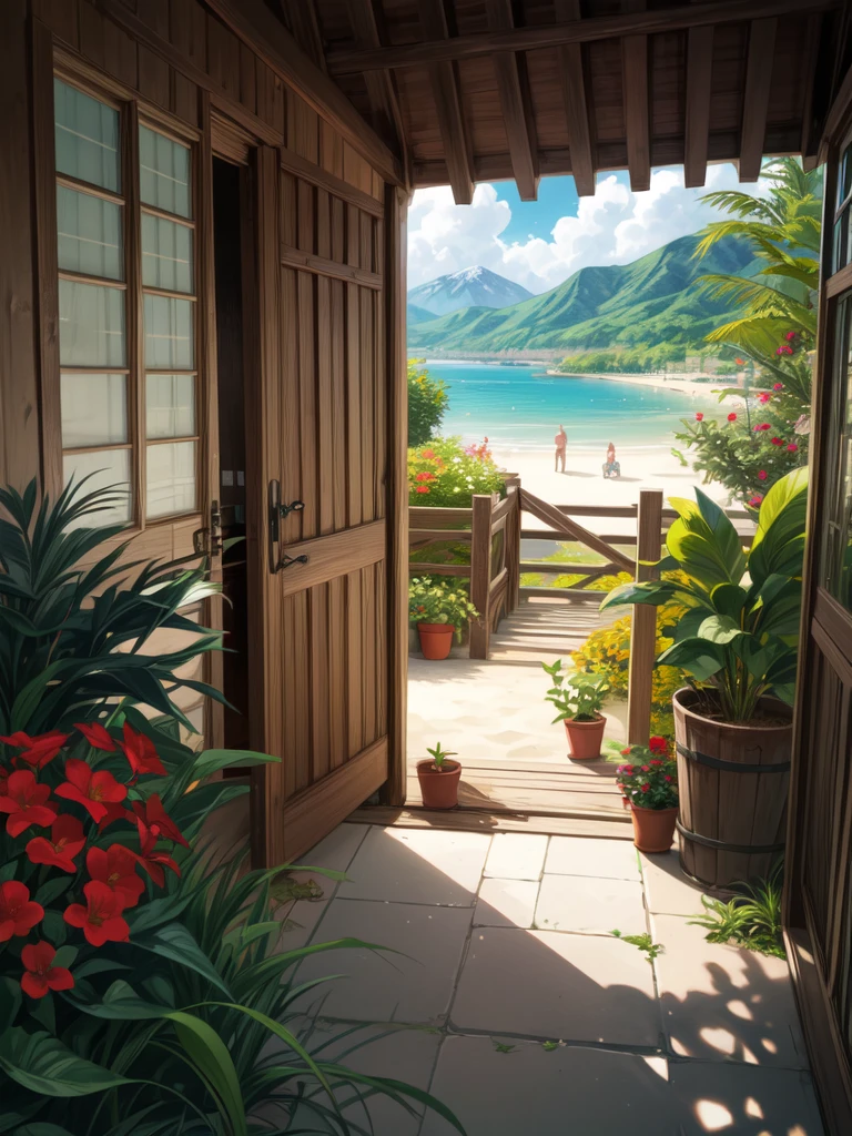 super wide perspective, outdoors, a beautiful white colored old cabin, flower fields, mountains, blue doors and windows, beach side, windy, moody weather, sand, tropical plants, stairs, amazing sky, ghibli anime scene, pots with tropical leafy plants, white metal chair with table, white cycle with basket, red flowers in balcony, flowers in foreground, cinematic color tones, subtle light, vibrant color tones, ghibli style, no humans, scenery, masterpiece, high resolution 