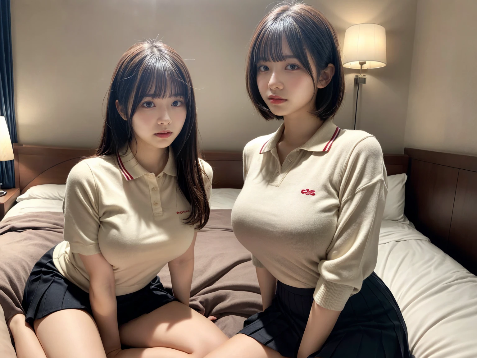 masterpiece, best quality, illustration, Super detailed, fine details, High resolution, 8K,wall paper, perfect dynamic composition,(Details High quality, realistic depiction of eyes:1.3), (2 girls), A tight polo shirt that expresses the roundness and softness of your chest., pleated mini skirt, sitting, open legs, short bob hair, in a hotel room in the background, deep on field, large breasts, black hair color, Big Natural Color Lip, (perfect body shape), crying a little、Harajuku style、20 year old girl、cute type、beautiful legs, Gravure Idol