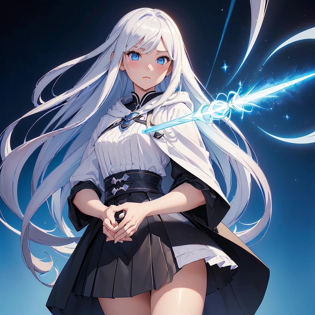 1girl,(((Highest quality、Masterpiece、Official Art、The best dynamic composition、Super detailed、Perfect Anatomy)))、Anime Style、White hair and light blue gradient long hair、Black hooded cloak、Mini Pleated Skirt、Baby Face、Holding a giant cute magic wand at an angle with both handagenta Heart Fractal Art、