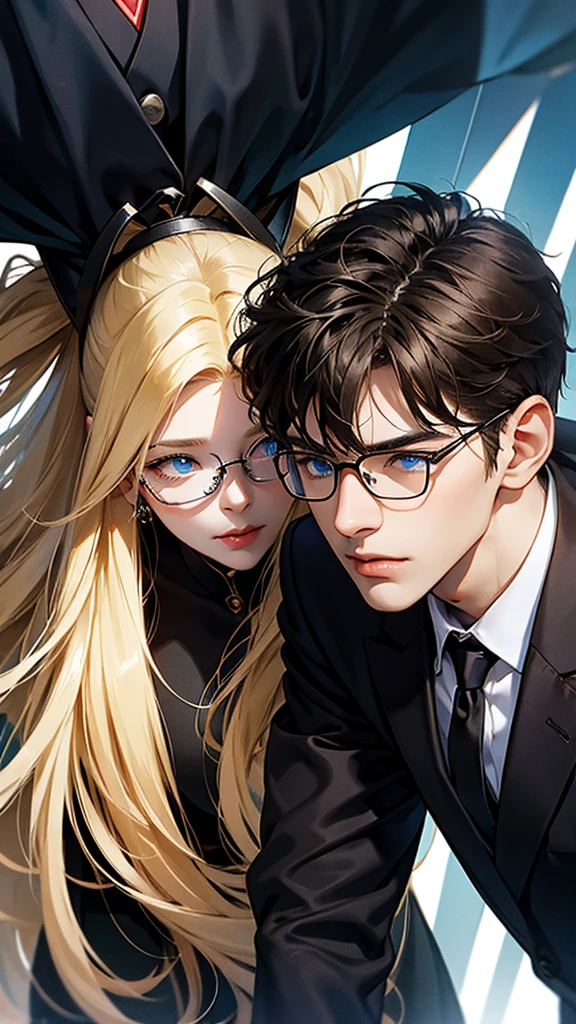 With anime style illustrations、A young man and woman couple appears。The man has blue eyes、Wearing a black suit jacket。The woman is blonde and wears glasses.、She's wearing soft pink clothes。The two of them pose intimately、The background has vibrant blue and pink tones that evoke a romantic atmosphere.。A woman grabs a man's jacket、It emphasizes the intimacy between the two。They're both in the same position、sit side by side。