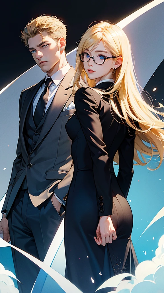 boy and girl smiling together for picture, 1boy, 1girl, <lora:senatorarmstrong-18:1> senatorarmstrong, muscular male, collared shirt, suit, black suit, american flag, formal, yellow necktie, smiling, v, standing,, Masterpiece, best quality
