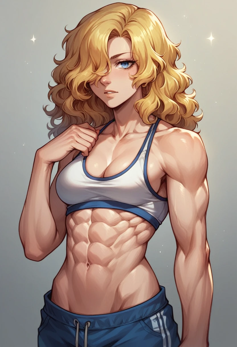 hyperrealistic,abs,  medium breasts,medium hair,wavy hair,yellow hair over one eye,blue eyes