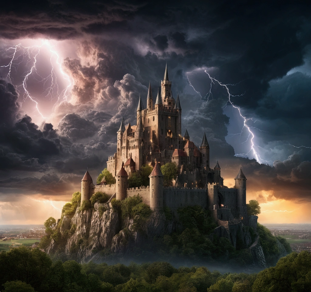 Create a highly detailed and epic scene, stormy sky with flashes of lightning illuminating thick, roiling clouds, casting an eerie, apocalyptic glow, a massive medieval castle