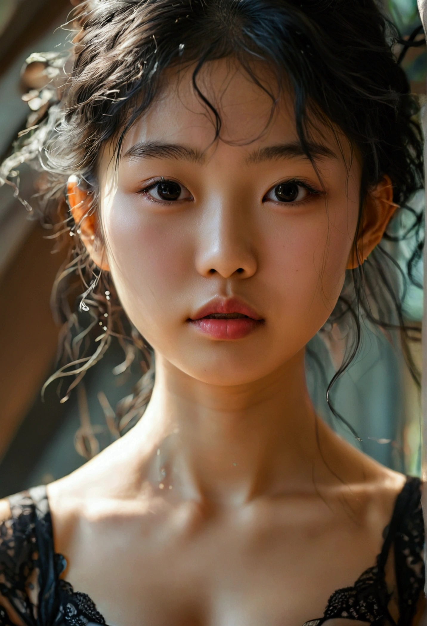 Thin 18 year old Asian girl wearing black lingerie and having her hands in her vagina