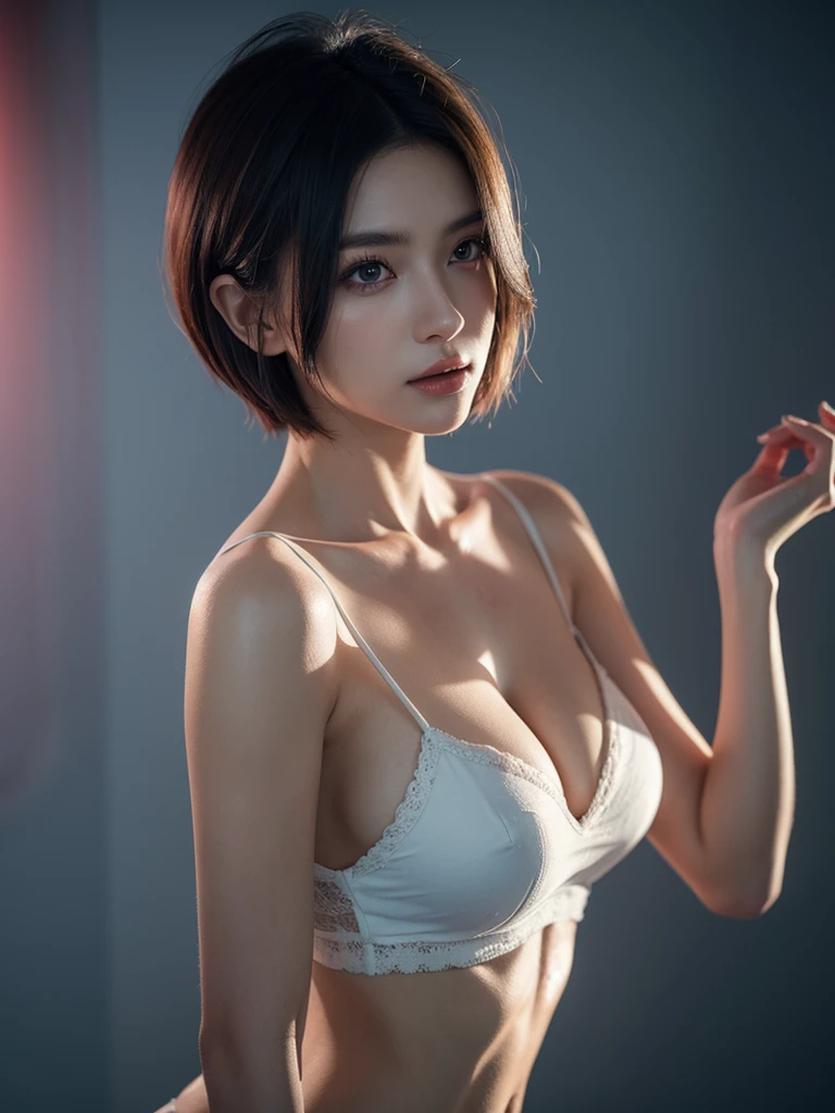 As a Yael Shelbia, realistic photography, photorealistic, realism, contrast, photography, masterpiece, Final fantasy's Like, ethereal beauty, ethereal, ultra realistic, 3d, 3d rendering, porcelain, Best quality, human anatomy, real hair, short hair, Asymmetrical Cut Hair, moving hair, huge breasts, human anatomy, posing for photo, translucent, (ethereal, Dream), formidable, 8k wallpaper, Realistic Textures Dramatic Lighting, Trending at Art Station Cinestill 800