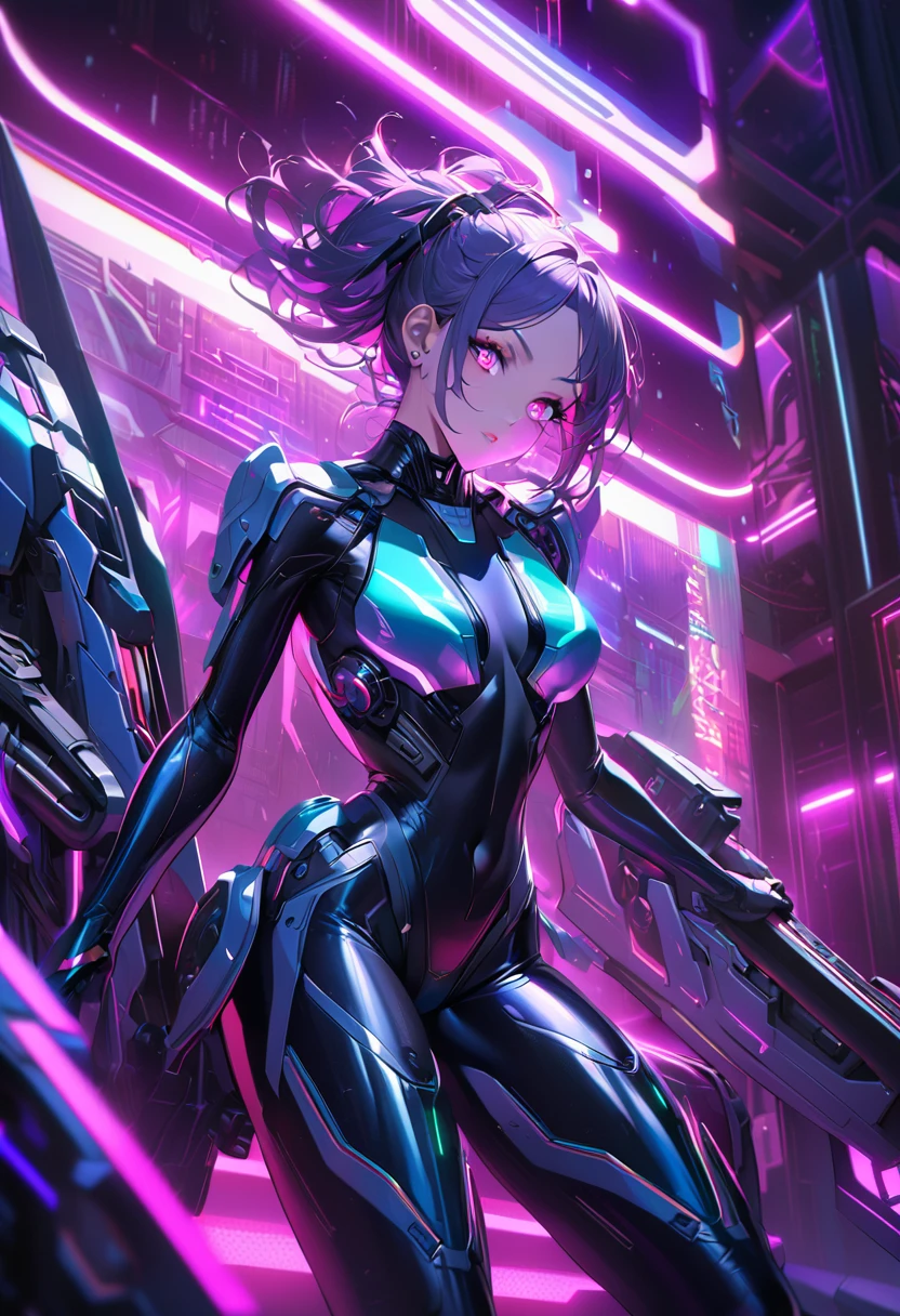 a futuristic Chinese girl in a high-tech battle suit, sleek skin-tight bodysuit, detailed facial features, piercing eyes, elegant pose, advanced machinery, neon lights, metallic accents, cinematic lighting, vibrant colors, dramatic atmosphere, hyper-detailed, 8k, photorealistic