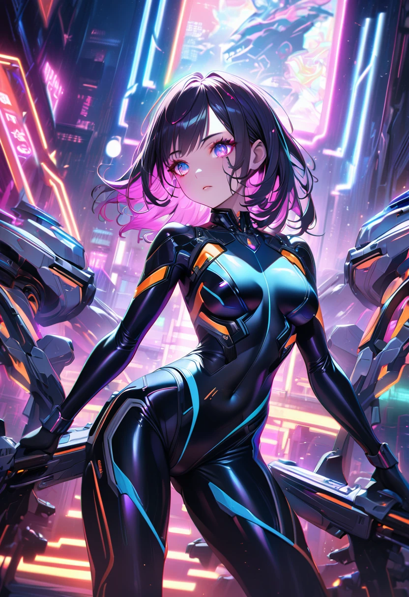 a futuristic Chinese girl in a high-tech battle suit, sleek skin-tight bodysuit, detailed facial features, piercing eyes, elegant pose, advanced machinery, neon lights, metallic accents, cinematic lighting, vibrant colors, dramatic atmosphere, hyper-detailed, 8k, photorealistic