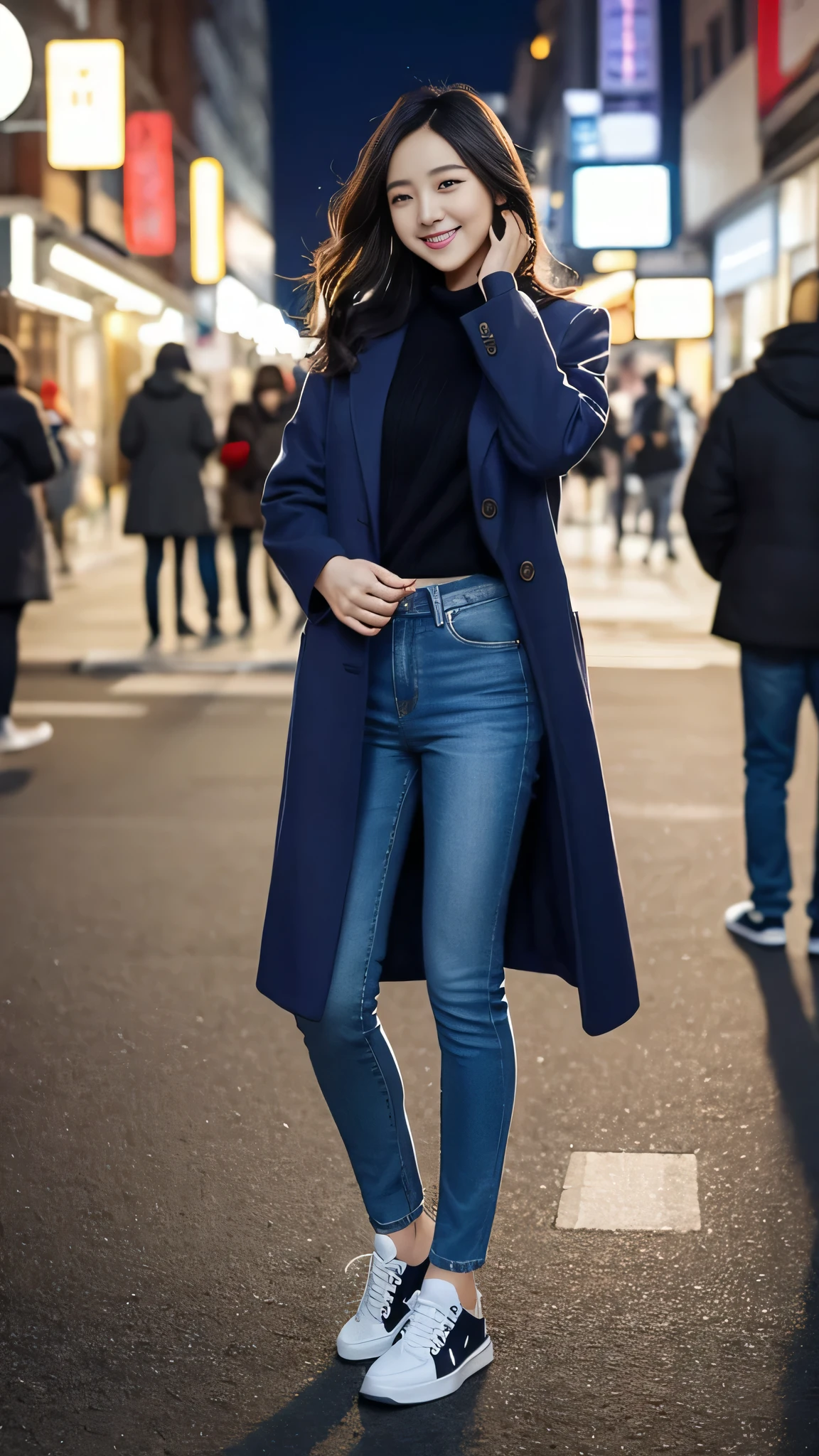 , Full body photo、Standing woman、Strike a Pose、smile、Black Hair、、(work of art, high qualiy) Woman in coat、Skinny jeans、sneakers、The background is the city at night