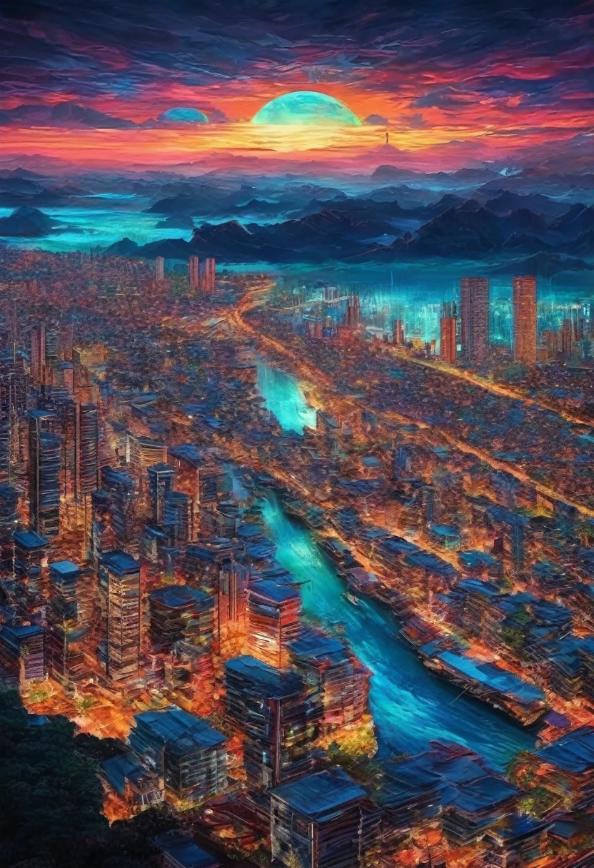 Một bức tranh siêu thực khổng lồ mô tả một thành phố tương lai chìm trong nước, with skyscrapers rising from the sea, lit by neon lights and strange luminescent sea creatures swimming among the flooded streets. The painting style blends digital art and traditional techniques, Use strong strokes, Contrasting colors and surreal details create a world that is both familiar and strange, both beautiful and scary. This work will be a wake-up call about the impact of climate change and the fragility of human civilization, At the same time, it raises questions about our future.