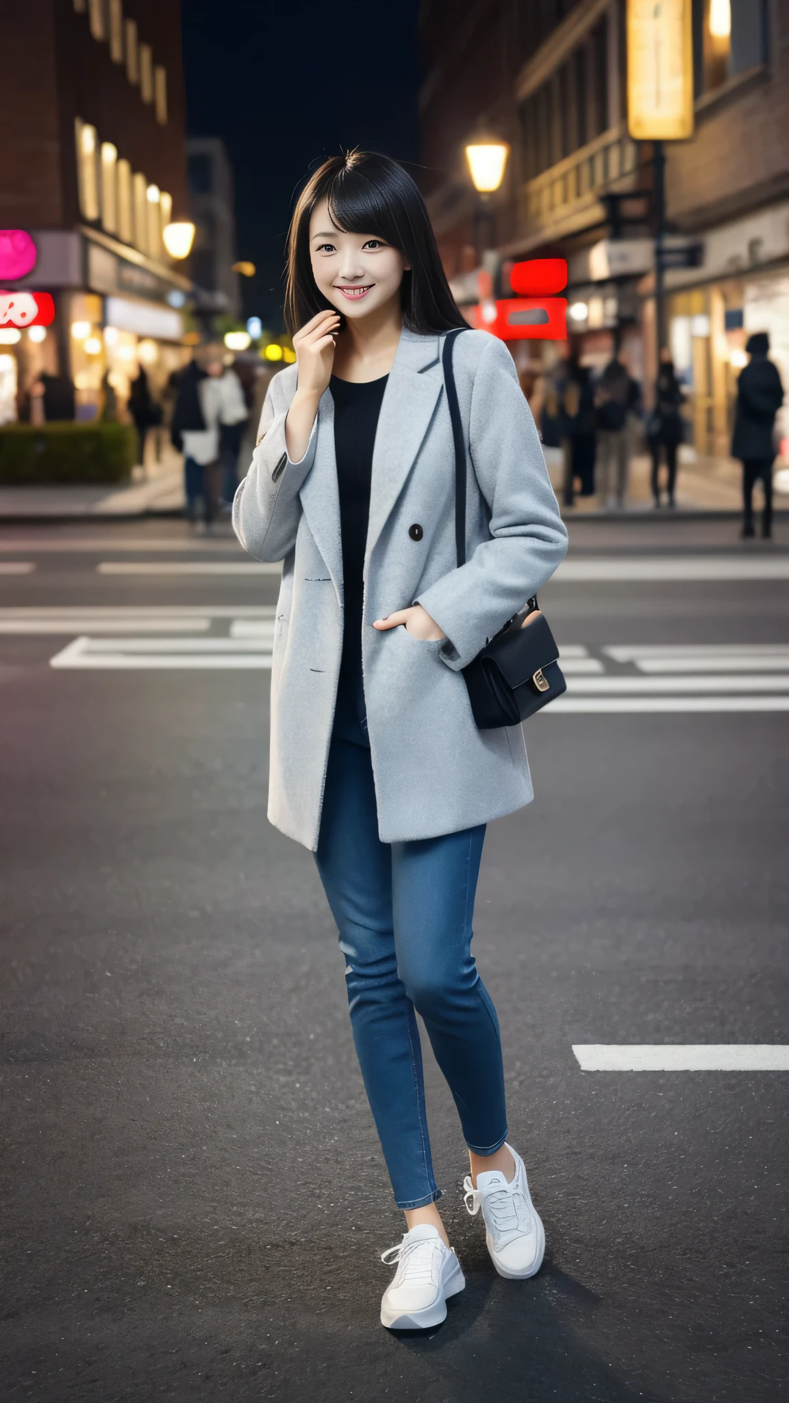 , Full body photo、Standing woman、Strike a Pose、smile、Black Hair、、(work of art, high qualiy) Woman in coat、Skinny jeans、sneakers、The background is the city at night