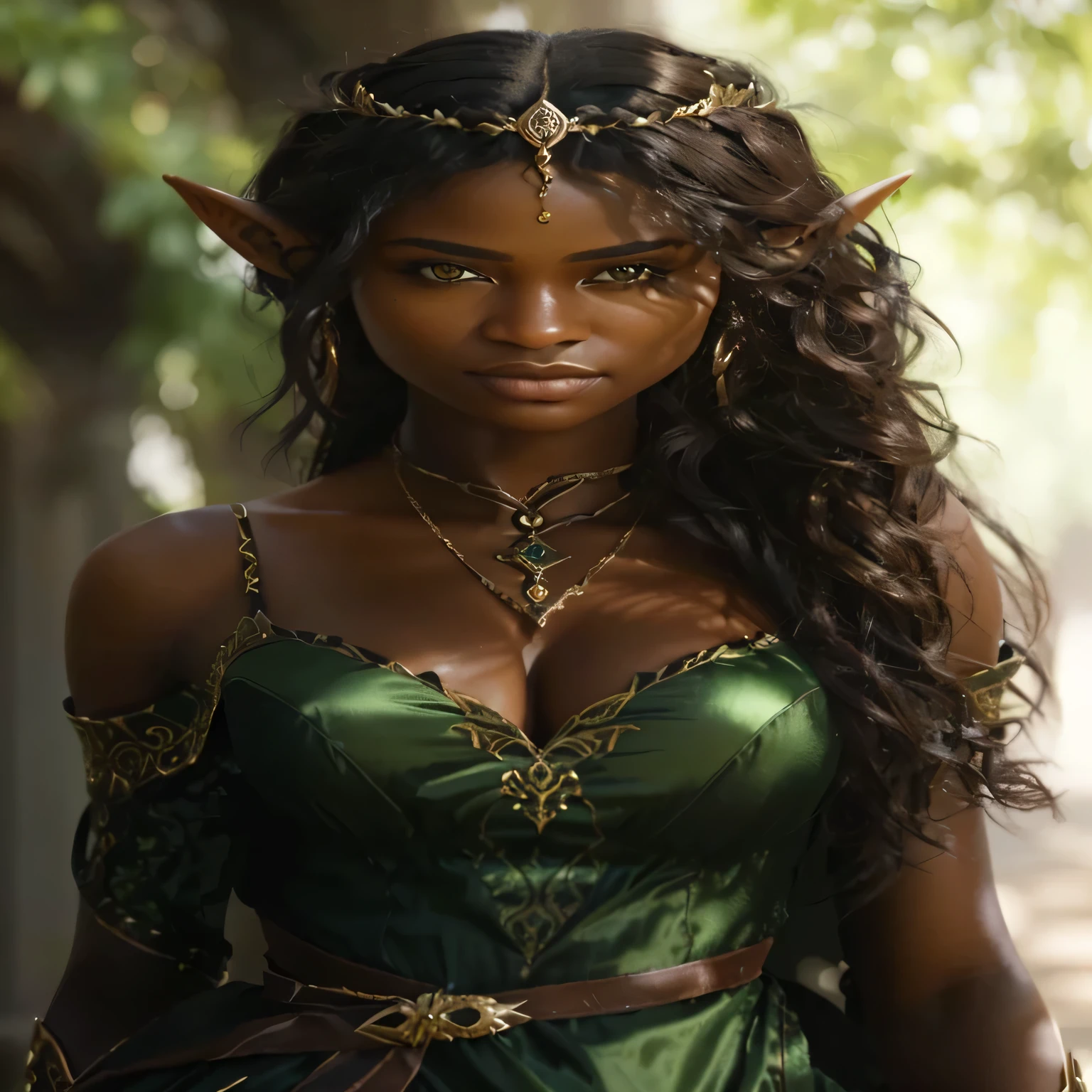 Create a hyper-realistic full-body fantasy portrait of a female elf character that embodies the essence of Angola. She should have features typical of an Angolan person, such as rich dark brown skin, curly black hair, and expressive dark brown eyes. Dress her in elegant, modern elven attire with intricate details that reflect a sophisticated fantasy style.