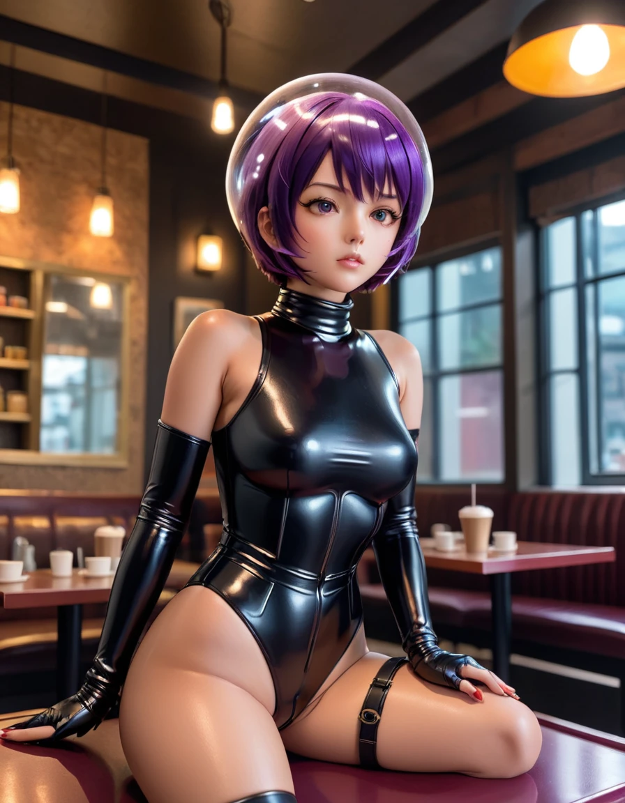  [[[[bubble helmet]]]], space helmet, ahegao, very short hair, eva helm, bondage, misato katsuragi,(purple hair:1.2),, bodysuit, latex, (top-quality、in 8K、32K、masterpiece、nffsw、超A high resolution、Impresionismo、Photorealsitic:1.2)、cowboy shot、sharp focus、detailed faces and eyes、(There is a plate of cake and coffee on the table, cafes, sitting on a mocha-colored table, dessert, Miniature Cafe Diorama, diner caffee, in coffee shop, cozy cafe background, enjoying coffee at a coffee shop, sitting in a cafe, shot with sony alpha 1 camera, 、Sharp pupils、Realistic pupils、beauitful face、18 year old beautiful girl、shinny skin、Medium Short