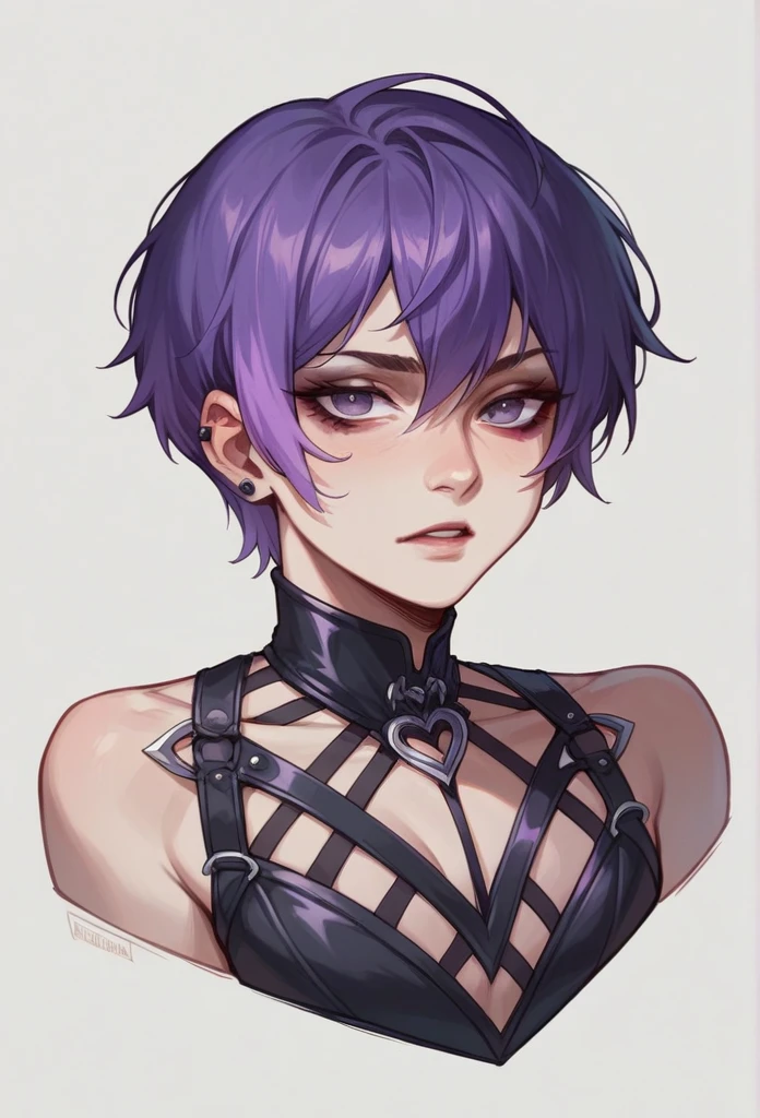 **(masterpiece:1.2), (best quality:1.2), (Alternative style girl), dyed purple hair, short hair, disdainful look, dark clothing, revealing gothic outfit. **(Neutral background)