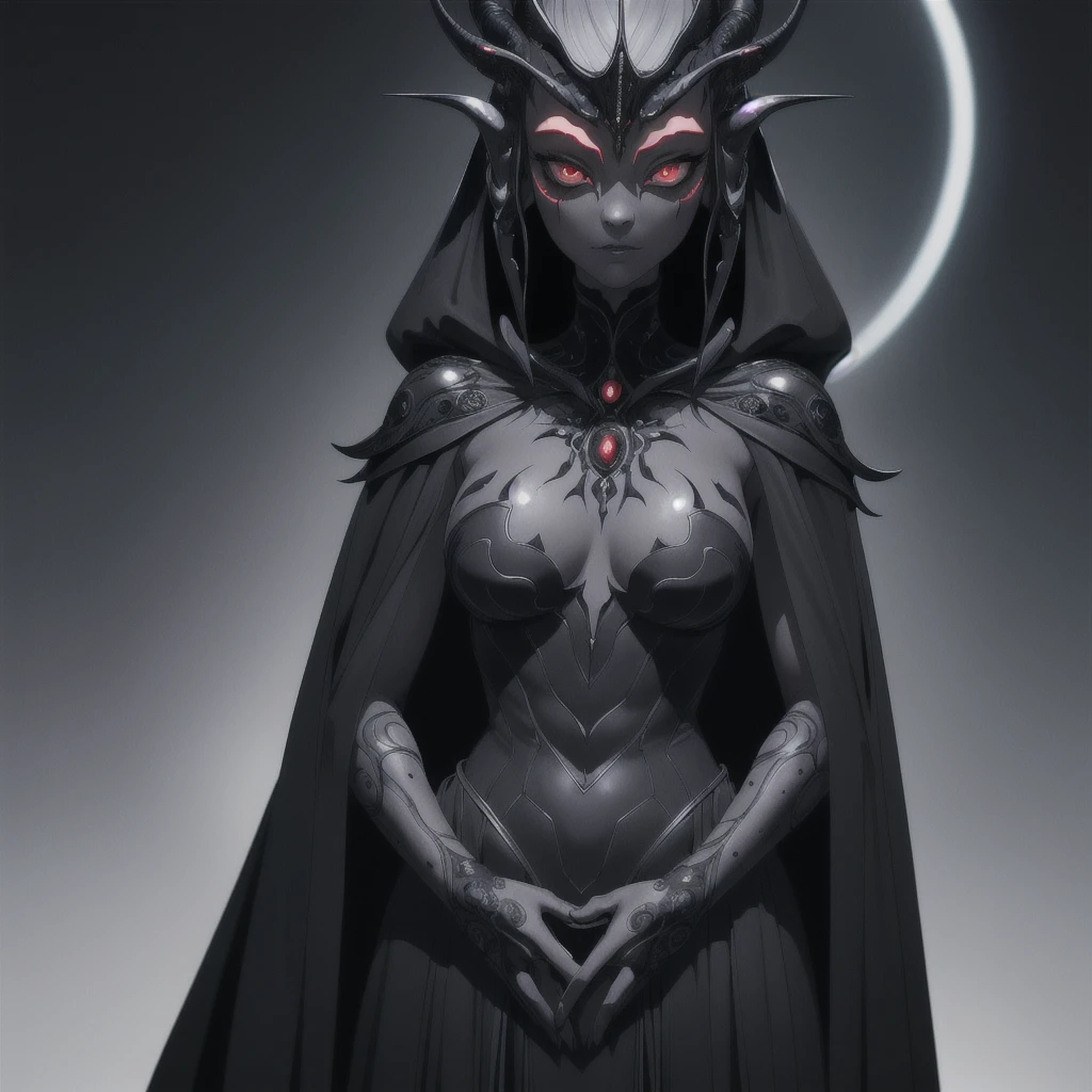 Alien Dark Princess, Portraiture, detailed, Dark Empire, Dark Throne, Attention to detail, (masterpiece: 1.1), Black cape and dress, Gray Hair, Red eyes, Beautiful appearance, Portraiture shot, Bokeh, Blurred Background, slim, View your viewers, (masterpiece: 1.1), (Highest quality: 1.2), Absurd, 複雑なdetailed, (highly detailed skin: 1.2)