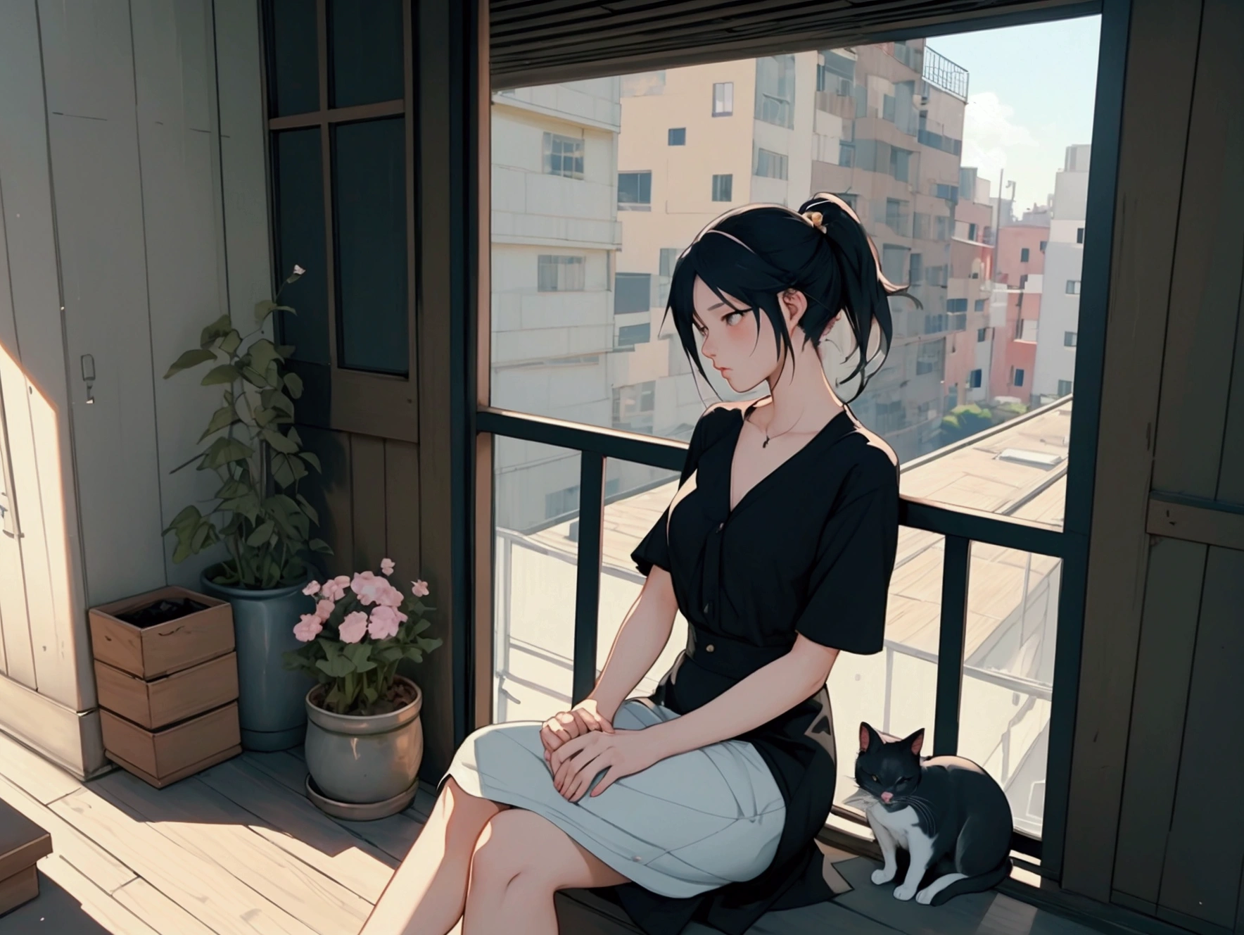 2. There is a woman sitting on the balcony with her cat., AQ album cover, Pixiv, Art Brut, Beasts, 2b ..., 2b, praise hip hop, praise, quiet beauty, Chill Hop, Conrad Rothe and Makoto Shinkai, praise girl, praise girl aesthetic, quiet