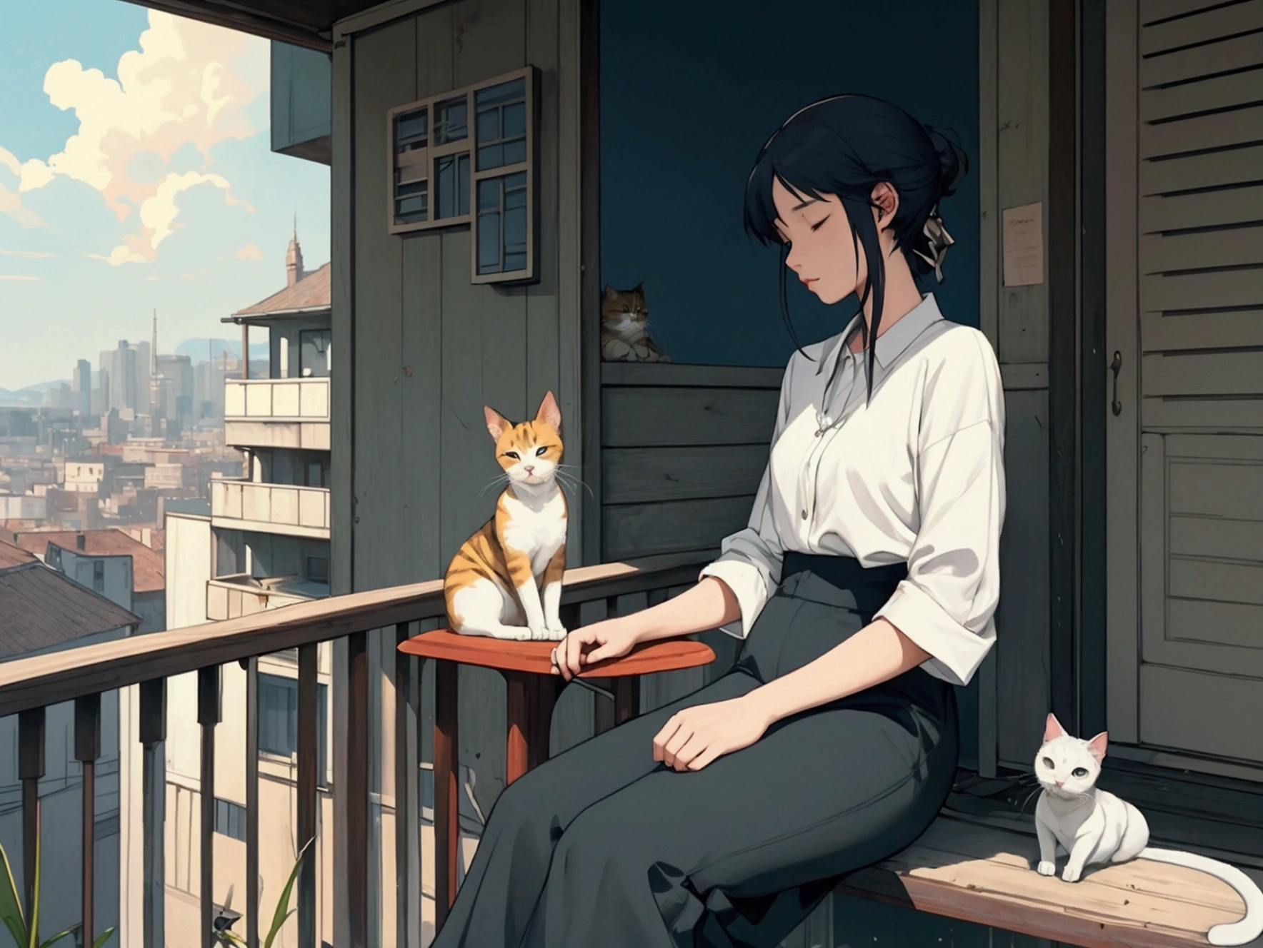 2. There is a woman sitting on the balcony with her cat., AQ album cover, Pixiv, Art Brut, Beasts, 2b ..., 2b, praise hip hop, praise, quiet beauty, Chill Hop, Conrad Rothe and Makoto Shinkai, praise girl, praise girl aesthetic, quiet