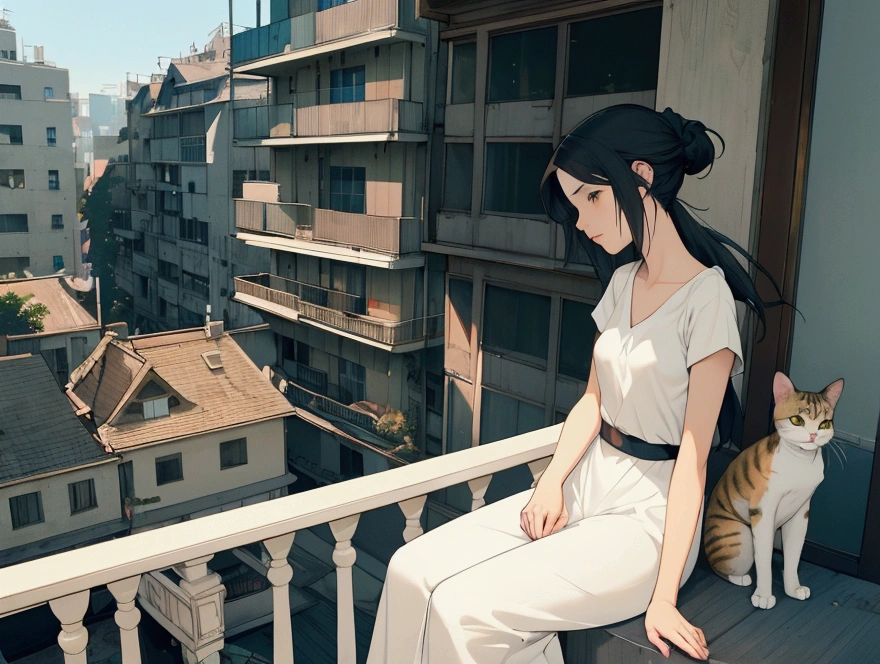 2. There is a woman sitting on the balcony with her cat., AQ album cover, Pixiv, Art Brut, Beasts, 2b ..., 2b, praise hip hop, praise, quiet beauty, Chill Hop, Conrad Rothe and Makoto Shinkai, praise girl, praise girl aesthetic, quiet