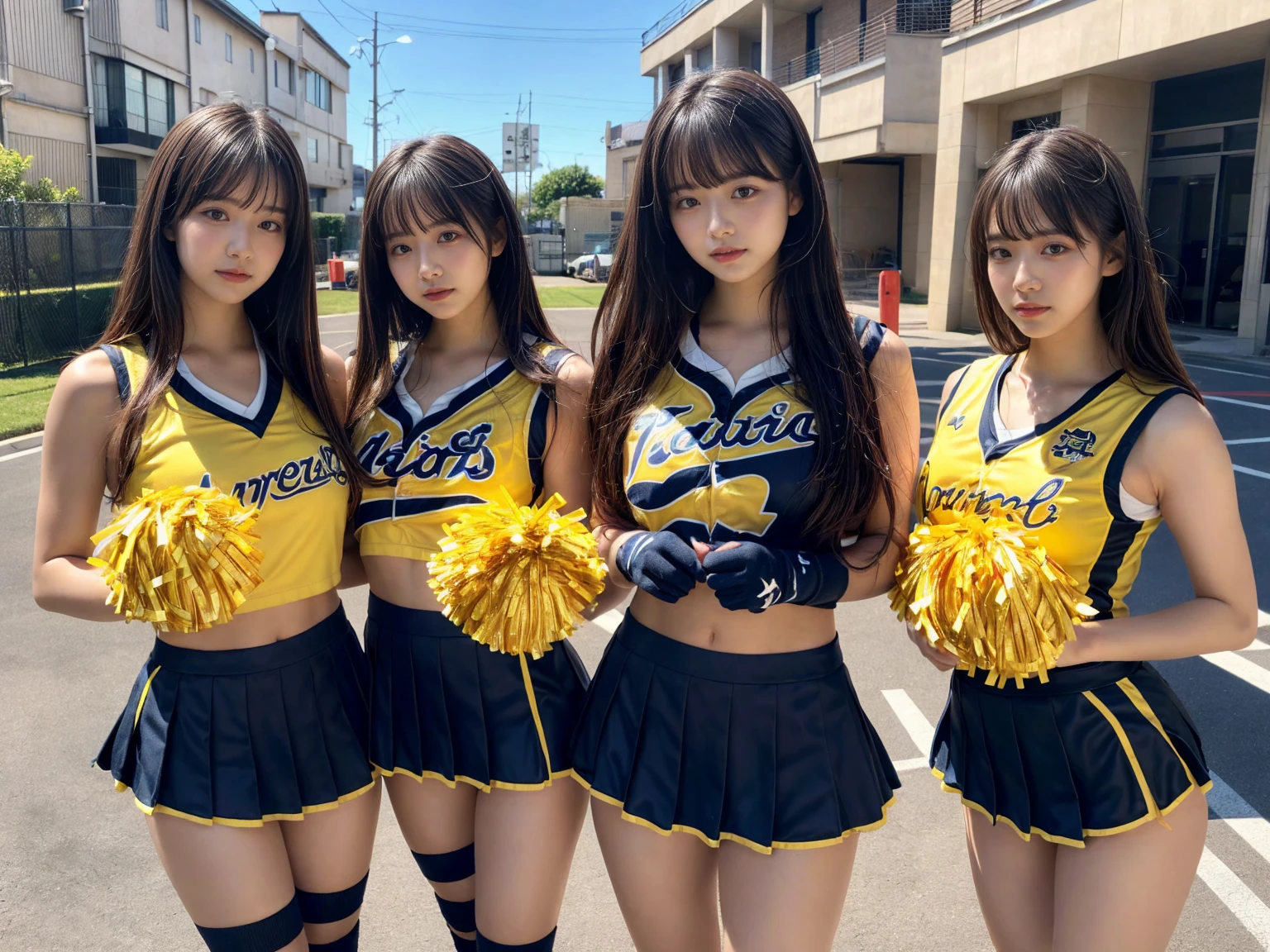 masterpiece, best quality, illustration, Super detailed, fine details, High resolution, 8K,wall paper, perfect dynamic composition,(Details High quality, realistic depiction of eyes:1.3), (3 girls), BREAK (cheerleader uniform with yellow as basic color:1.3), (holding a yellow pompoms in hand:1.4), (sleeveless yellow tunic with baseball team logo:1.4), yellow tops, (bold V-neck:1.3), ((Blue lines, black lines) on tops:1.3), ((fit and flare, A-line):1.3), (A-line yellow rah-rah skirt:1.3), mini skirt, (black socks:1.3), (sports shoes:1.2), sitting, open legs, short bob hair, in a hotel room in the background, deep on field, large breasts, black hair color, Big Natural Color Lip, (perfect body shape), crying a little、Harajuku style、20 year old girl、cute type、beautiful legs, Gravure Idol
