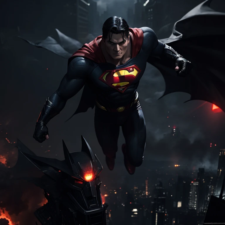 Evil Superman in black suit with red eyes, hovering above Gotham after he's burnt it. Batman looks on in dismay.
