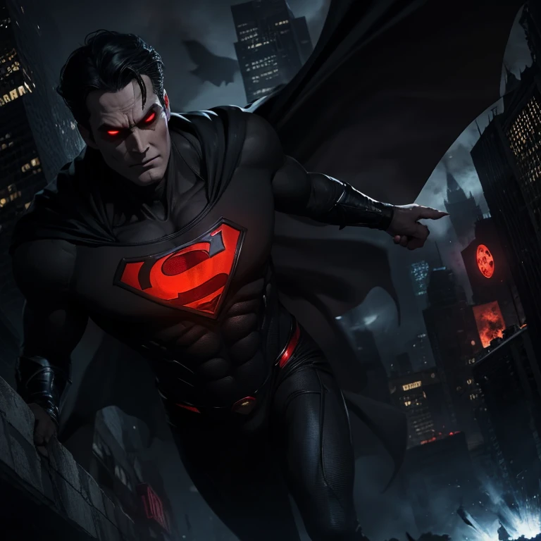 Evil Superman in black suit with red eyes, hovering above Gotham after he's burnt it. Batman looks on in dismay.