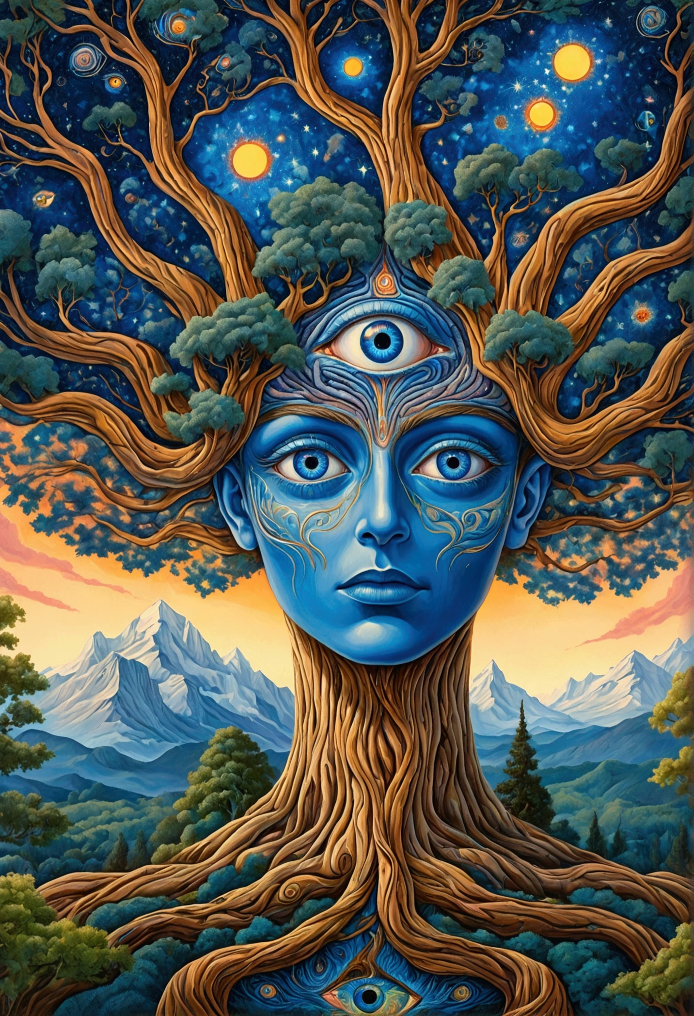 a painting of a tree with blue eyes and stars in the sky, a surrealist painting inspired by Alex Grey, shutterstock, psychedelic art, brain tree eye holy grail, third - eye visions, visionary painting, highly detailed visionary art, visionary art style, visionary art, psychedelic illustration, mystical eyes, eyes in the trees, dmt visions, with multiple eyes