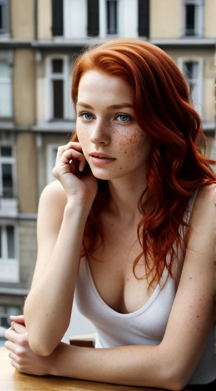 1 fille dans, 19 ans, bare, Aesthetic work, Irish redhead, wavy red hair, medium length red hair, yeux gris, yeux gris clair, a few small freckles, pale skin, A cup, smalll breasts, corps des coureurs, photo de tout le corps, perfect tense, (textured skin, pores on skin:1.1), (taupes:0.8), peau imparfaite, chair de poule, dans une cuisine regardant par la fenêtre, café, Grieving, pleurs, expression depressed, faire la moue, toe, (Background&#39;extremely detailed 8k screen), soft lighting, high quality, grain de film, Fujifilm XT3 sharp focus, f5.6, 50mm, high details, sharpness,(natural light), (attractive), sweat à capuche gris, oversize hoodie, realistic, ultra realistic, photo realistic, crazy details, intricate details, super detailed,