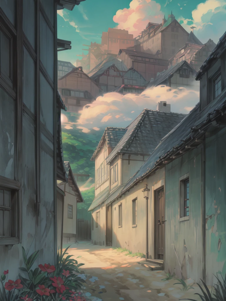 super wide perspective, outdoors, a beautiful white colored old cabin, flower fields, mountains, blue doors and windows, beach side, windy, moody weather, sand, tropical plants, stairs, amazing sky, ghibli anime scene, pots with tropical leafy plants, white metal chair with table, white cycle with basket, red flowers in balcony, flowers in foreground, cinematic color tones, subtle light, vibrant color tones, ghibli style, no humans, scenery, masterpiece, high resolution
