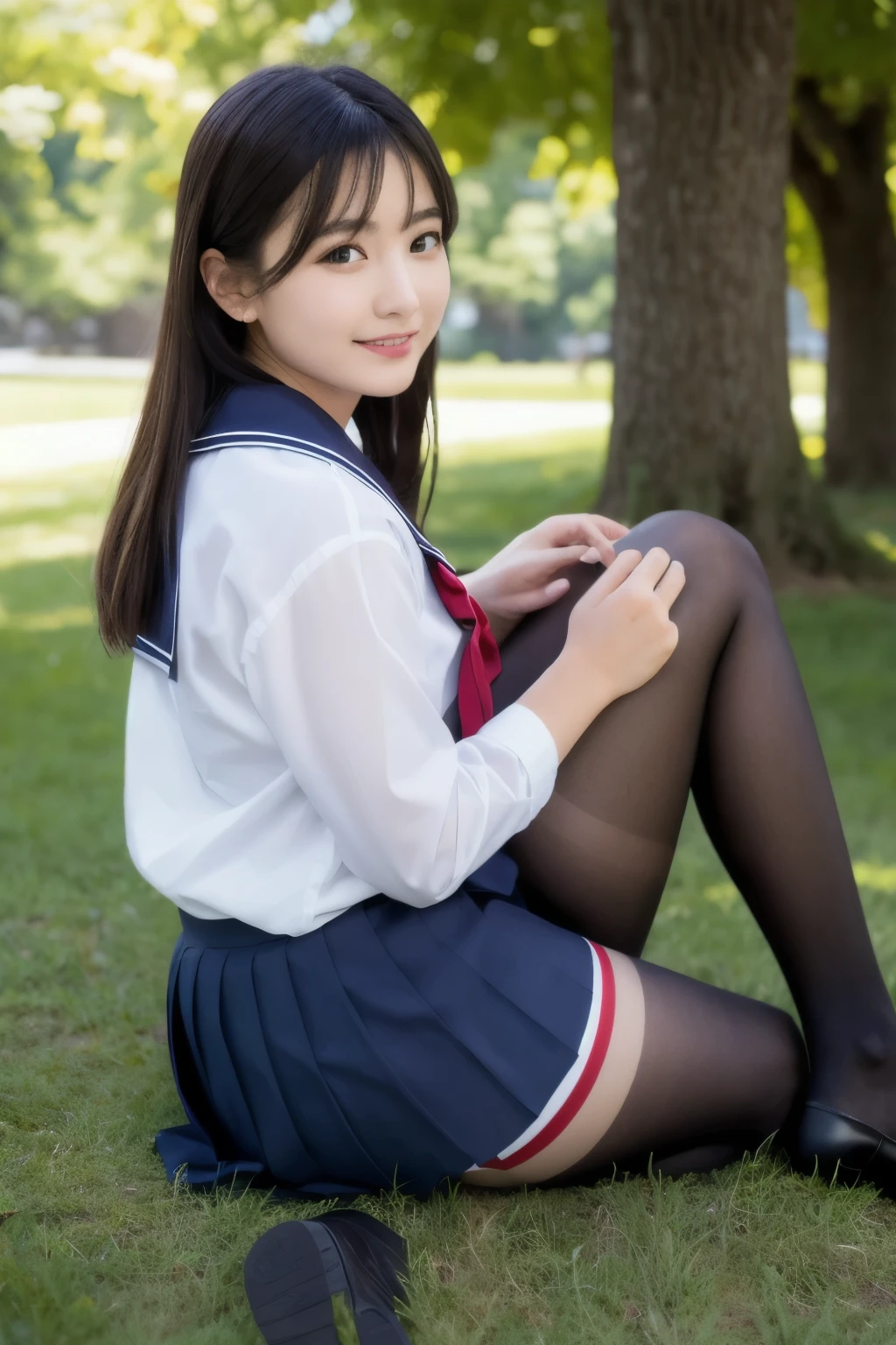 Super realistic in summer uniform, -yeld giSeraphim、seifuku, Colored Sailor Uniform, Japan , A seductive smile、Japanese ido、Skirt and thighs、Sitting on the lawn、Sitting, (Wearing pantyhose、Ultra-realistic pantyhose)、RAW Photos, (In 8K、Highest quality、masterpiece:1.2)、(Intricate details:1.4)、(Photorealistic:1.4)、Octane Rendering、Complex 3D rendering with ultra-detail, Studio Soft Light, Rim Light, Vivid details, Super Detail, Realistic skin texture, Highly detailed CG Unity 16k wallpaper, compensate, (Detailed Background:1.2),　Glowing Skin、looked back、Exposed thighs!!!、