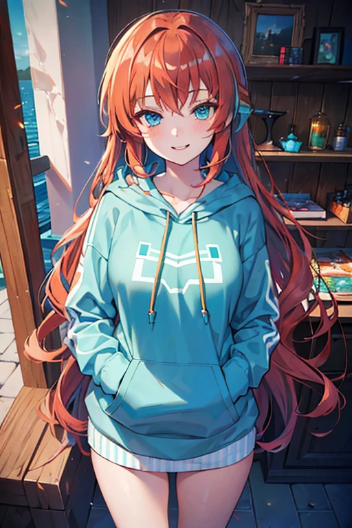 ((best quality)), ((masterpiece)), (detailed), 1 girl, Long, flowing auburn hair with streaks of turquoise
Bright blue eyes that sparkle with mischief
Freckled complexion and a warm smile
Wears a custom Minecraft-themed hoodie with her logo on the chest