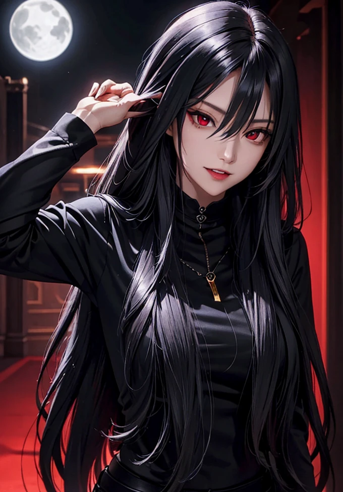 Woman with long hair straight, villain, high detailed, realistic, ultra realistic, black shirt and black skinny long pant, villain, red eyes, vampire teeth