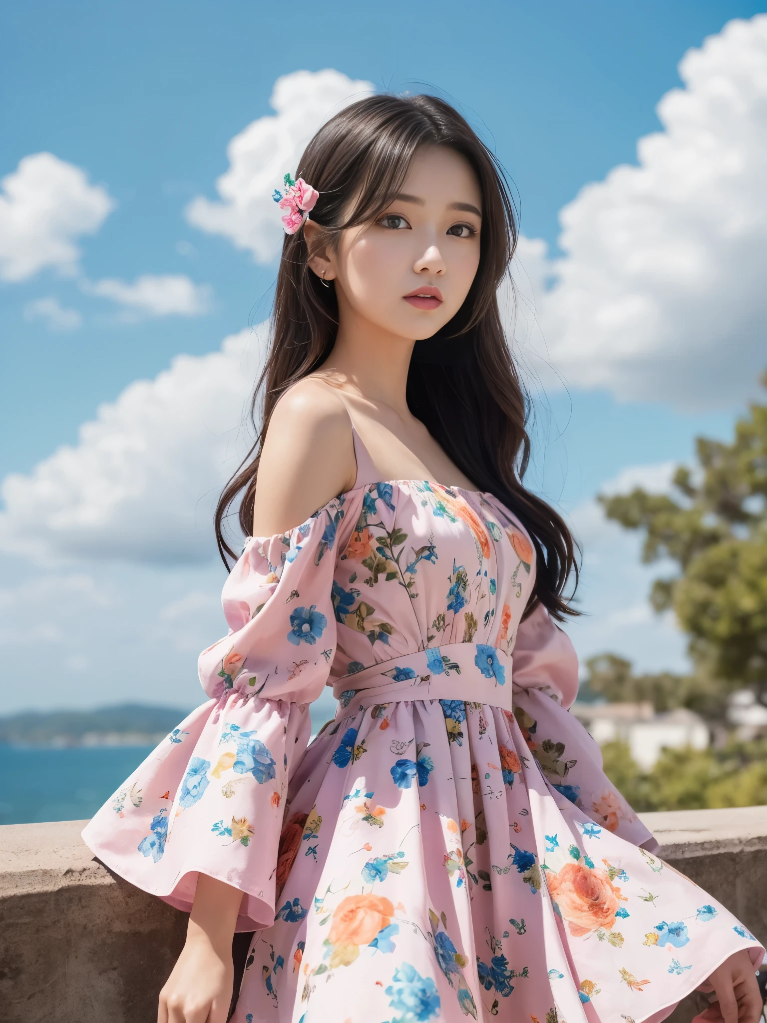 feature is、A young woman with big blue eyes and long flowing hair that changes color from blue to pink.。she、Standing against a bright, clear blue sky with a few white clouds。women are、A white, loose long-sleeved top is draped over the shoulders.、She is wearing a colorful and vibrant strapless dress.。Pink for the dress、yellow、Various green floral patterns are drawn、It features gradations such as blue and orange.。Her expression is soft、Looks like you're a little curious。Hold the edge of the dress with one hand、Pull a little to the side、The other hand is lightly placed on her hip。Red all around、yellow、Large orange colorful petals scattered、It gives the scene a bright and lively atmosphere.。