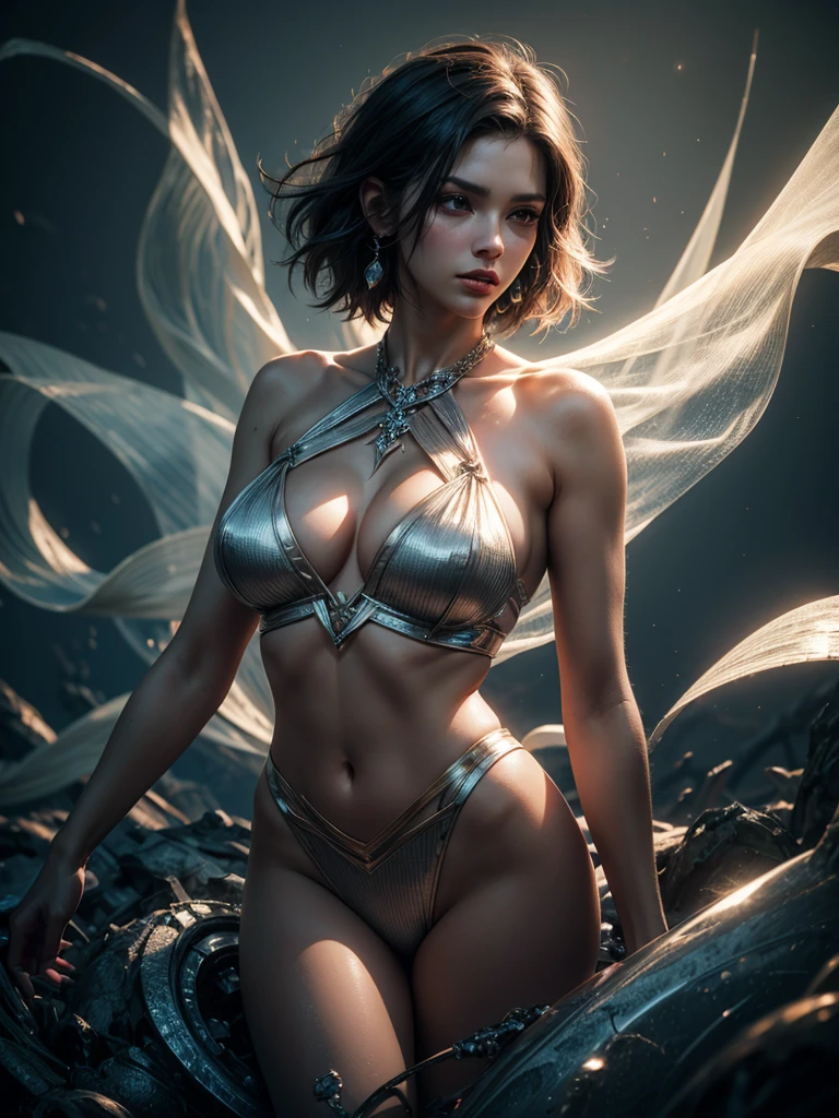 As a Yael Shelbia, realistic photography, photorealistic, realism, contrast, photography, masterpiece, Final fantasy's Like, ethereal beauty, ethereal, ultra realistic, 3d, 3d rendering, porcelain, Best quality, human anatomy, real hair, short hair, Asymmetrical Cut Hair, moving hair, huge breasts, human anatomy, posing for photo, translucent, (ethereal, Dream), formidable, 8k wallpaper, Realistic Textures Dramatic Lighting, Trending at Art Station Cinestill 800