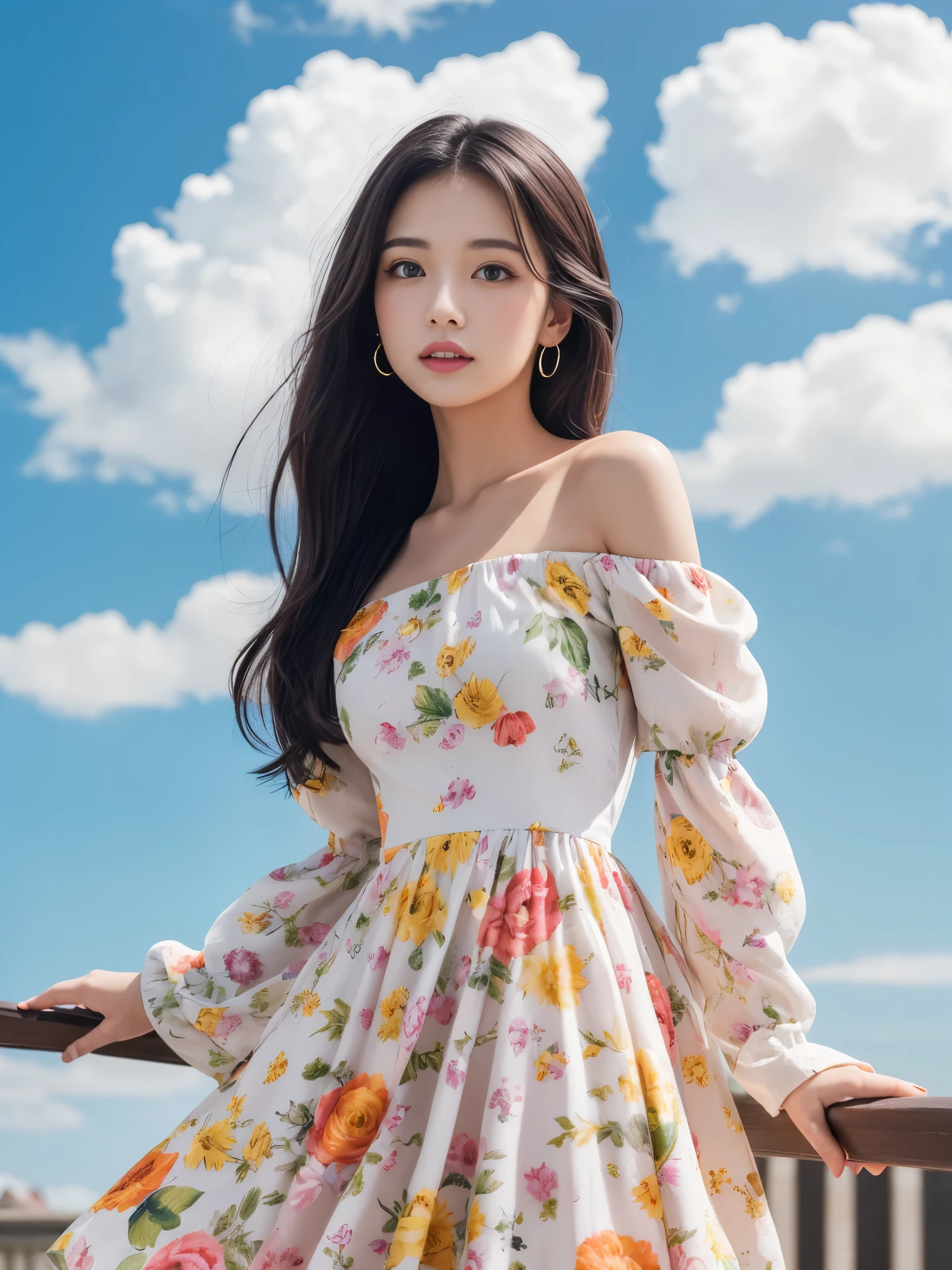 feature is、A young woman with big blue eyes and long flowing hair that changes color from blue to pink.。she、Standing against a bright, clear blue sky with a few white clouds。women are、A white, loose long-sleeved top is draped over the shoulders.、She is wearing a colorful and vibrant strapless dress.。Pink for the dress、yellow、Various green floral patterns are drawn、It features gradations such as blue and orange.。Her expression is soft、Looks like you&#39;re a little curious。Hold the edge of the dress with one hand、Pull a little to the side、The other hand is lightly placed on her hip。Red all around、yellow、Large orange colorful petals scattered、It gives the scene a bright and lively atmosphere.。