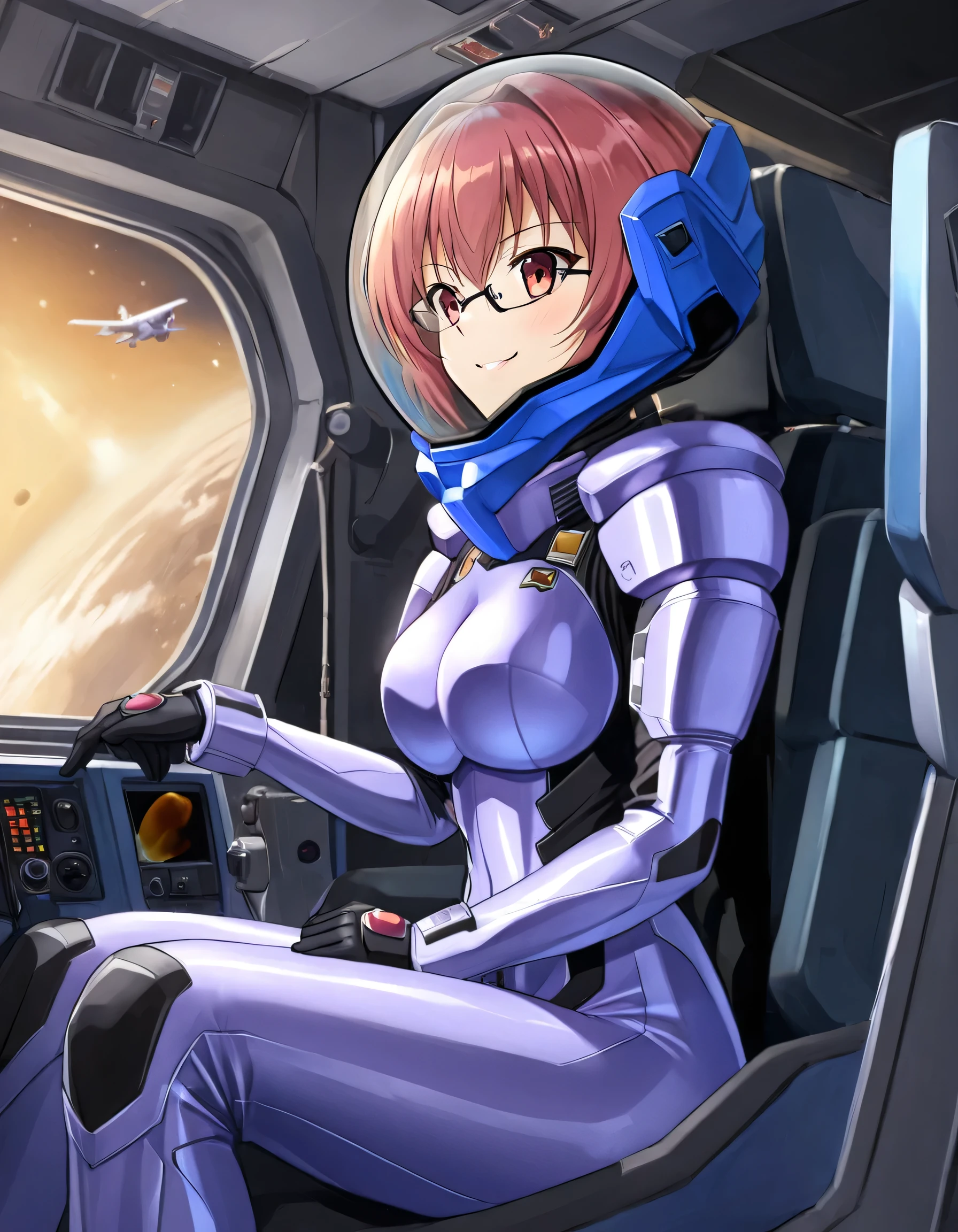 ((Female pilot in the cockpit of a reconnaissance plane), (airplane cockpit), (in flight), (10000 feet altitude)、(sky view):1.7),, short hair, street, emo, PINK hair, white eyes, eyeliner, apocalypse, girl, nside the (cockpit:1.9) of a (futuristic spaceship:1.6), , blush,sitting on a chair, covered navel, space helmet, muvluv, space helm, plug suit , space helmet, eva helm, space suit, short hair, from side, SMILE, GLASSES, FULL BODY