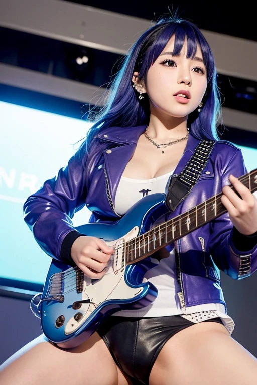 On a live stage, beautiful Japanese age band idols with big breasts and blue hair, wearing purple underwear, spread their legs wide and play the guitar.、Punk Fashion、Black leather jacket with studs