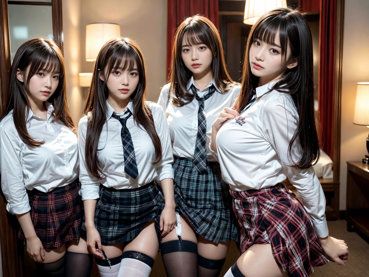 masterpiece, best quality, illustration, Super detailed, fine details, High resolution, 8K,wall paper, perfect dynamic composition,(Details High quality, realistic depiction of eyes:1.3), (3 girls), (white school shirt :1.2), (plaid skirt :1.3), tie black, black thigh-high stockings, sitting, open legs, short bob hair, in a hotel room in the background, deep on field, large breasts, black hair color, Big Natural Color Lip, (perfect body shape), crying a little、Harajuku style、20 year old girl、cute type、beautiful legs, Gravure Idol