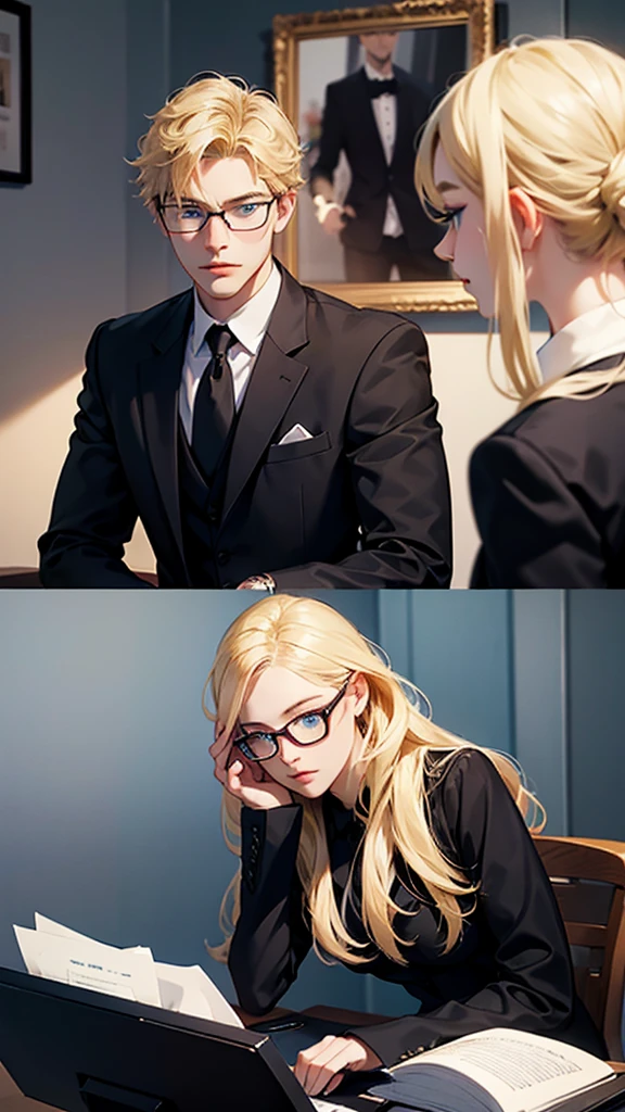 With anime style illustrations、A young man and woman couple appears。The man has blue eyes、Wearing a black suit jacket。The woman is blonde and wears glasses.、She's wearing soft pink clothes。The two of them pose intimately、The background has vibrant blue and pink tones that evoke a romantic atmosphere.。A woman grabs a man's jacket、It emphasizes the intimacy between the two。They're both in the same position、sit side by side。
