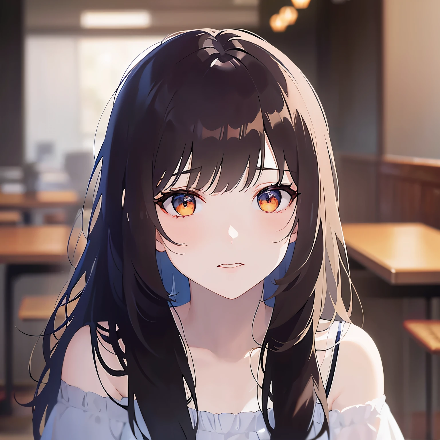 Close-up of your face, (pale skin: 1.2), shiny skin, shiny hair、(A 25-year-old woman with medium-length hair and bangs) and (wavy hair) and (brown hair) and (orange eyes) , (white) and (off shoulder blouse) 、(sad:1.3), The background is the interior of a restaurant at night.、Alone、Are standing