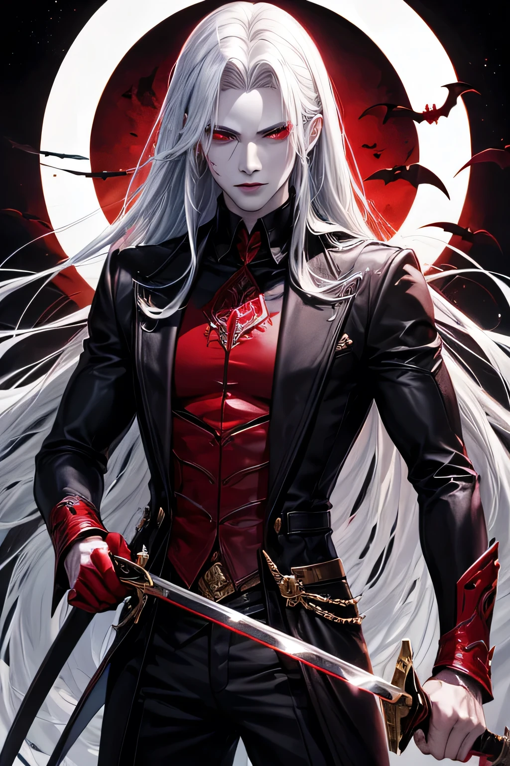 A handsome vampire man with long hair, pale skin and red eyes hold a swords with full of bloods