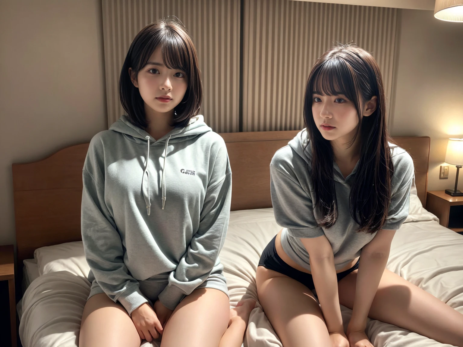 masterpiece, best quality, illustration, Super detailed, fine details, High resolution, 8K,wall paper, perfect dynamic composition,(Details High quality, realistic depiction of eyes:1.3), (2 girls), Oversized Light Grey Hoodie, Erotic Shorts, sitting, open legs, short bob hair, in a hotel room in the background, deep on field, large breasts, black hair color, Big Natural Color Lip, (perfect body shape), crying a little、Harajuku style、20 year old girl、cute type、beautiful legs, Gravure Idol