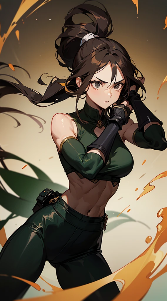 beautiful woman, dark brown hair, long straight hair in a ponytail, ((crew cut: 1)), black eyes, fair skin, ((muscular: 1)), female, 28 years old, boxer, wearing a blouse green, black pants, black gauntlets on his hands, possesses the spirit of the black turtle