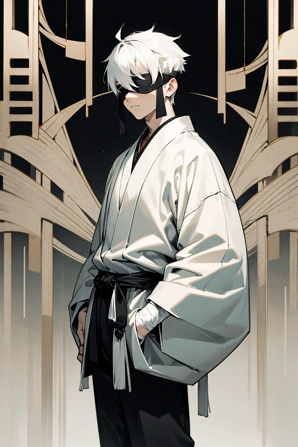 1male, black and white hair, half split hair, short hair, spiked back hair, white bandaged blindfold, calm expression, black and white split haori, traditional japanese background, hands to side, hands in pockets, standing on path