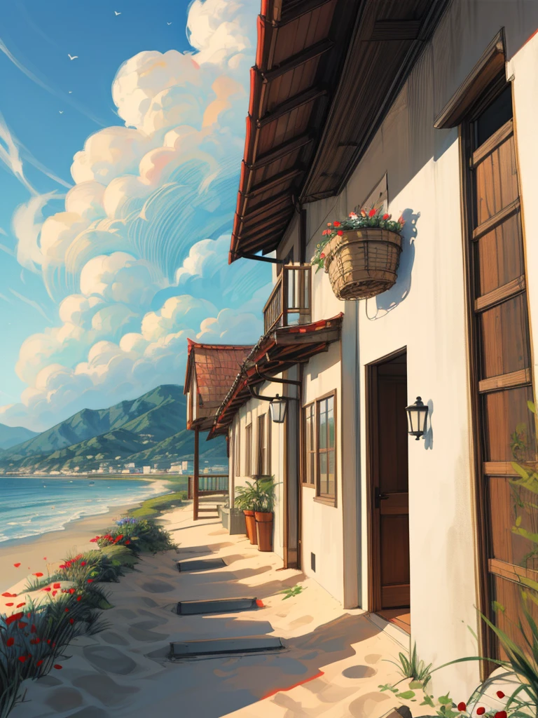super wide perspective, outdoors, a beautiful white colored old cabin, flower fields, mountains, blue doors and windows, beach side, windy, moody weather, sand, tropical plants, stairs, amazing sky, ghibli anime scene, pots with tropical leafy plants, white metal chair with table, white cycle with basket, red flowers in balcony, flowers in foreground, cinematic color tones, subtle light, vibrant color tones, ghibli style, no humans, scenery, masterpiece, high resolution