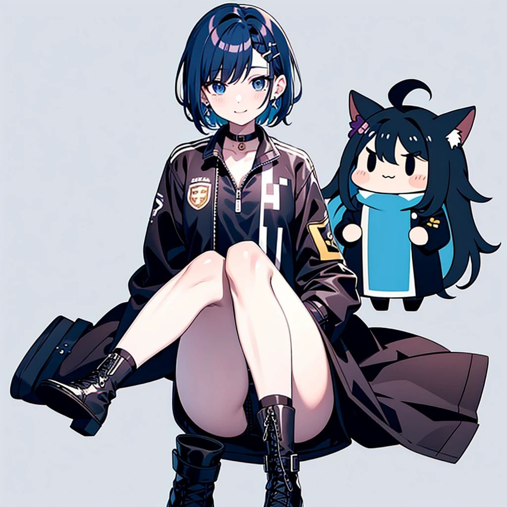 超A high resolution, Best aesthetic, Top quality depiction of the foot, Put on a jacket, Black and blue hair on the back, Flat Avatar, Anime visuals of cute girls, Cute art style, chibi, Shorthair, Ahoge, is shy, A smile, hair adornments,drawing on paper, simple background, earrings, jewely, side locks, large oval eyes,