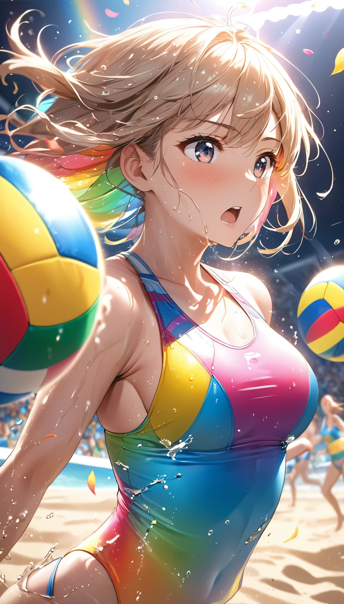 (Sports magazine cover photo), Highest quality, Great quality, 16K, Unbelievably absurd, Very detailed, delicate and dynamic, Natural light, The particles reflect light, Diffuse reflection of light, Many rainbow-colored petals fall, Beautiful sandy beach, Sparkling Sun, Diffuse reflection of light, Create amazing image effects, , Wet, sweating, Beach Volleyball, receive, Close-up(Cute sexy girl, big bouncing busts, Sensual expression, Cool girl, Serious, passion, Dynamic, Flashy swimsuit, ,audience , much-air-laden cheer)