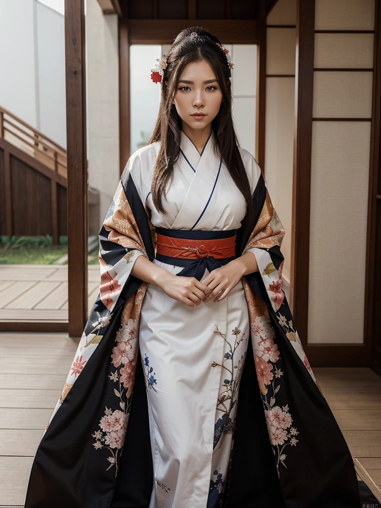 Необходимо создать concept-арт гейши для MMORPG, centered on a Japanese setting. A geisha should inspire grace, sophistication and mystery, typical of Japanese culture. Picture her in a traditional kimono with details, reflecting her status and professionalism. It is important to convey her grace and expressiveness through her pose and facial expression.. digital painting, full length, concept, full length пероснаж